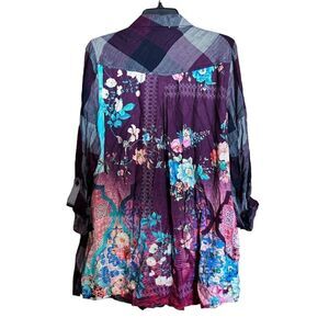 Tolani Top Womens Medium Multicolor Plaid Floral Mixed Print Button Up Blouse